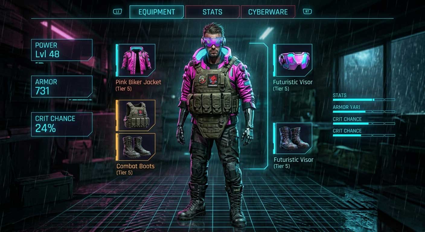 cyber punk 2077 : Function over fashion: The game's armor system frequently forces players into chaotic wardrobe choices for the sake of survival stats.