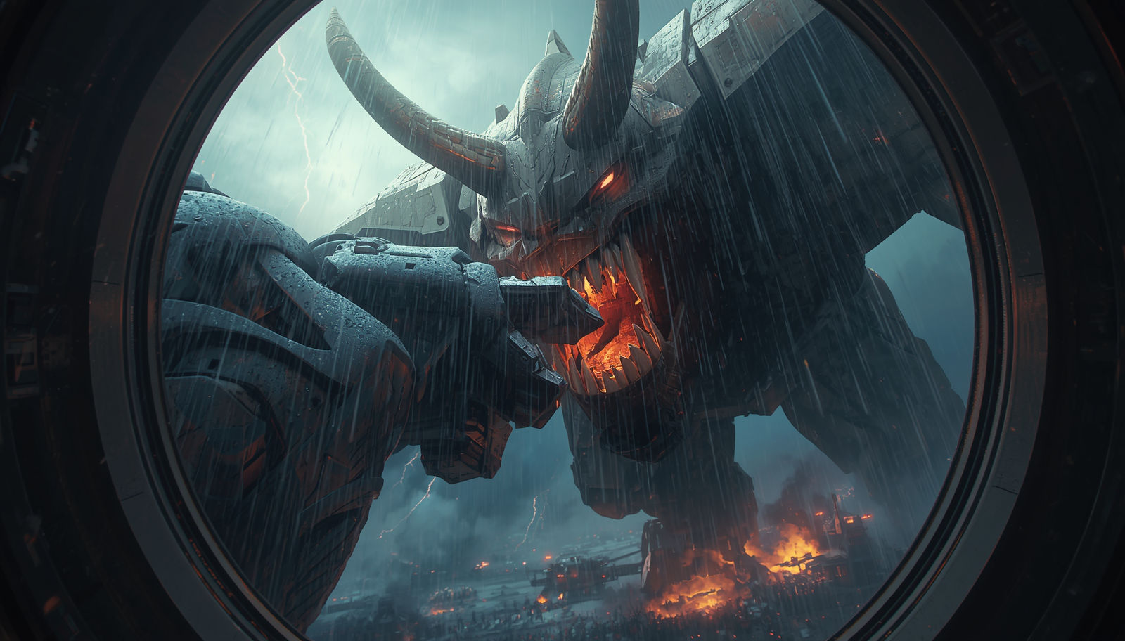 First person cockpit view of an Atlan mech fighting a colossal cyber-demon on a burning battlefield in DOOM The Dark Ages.