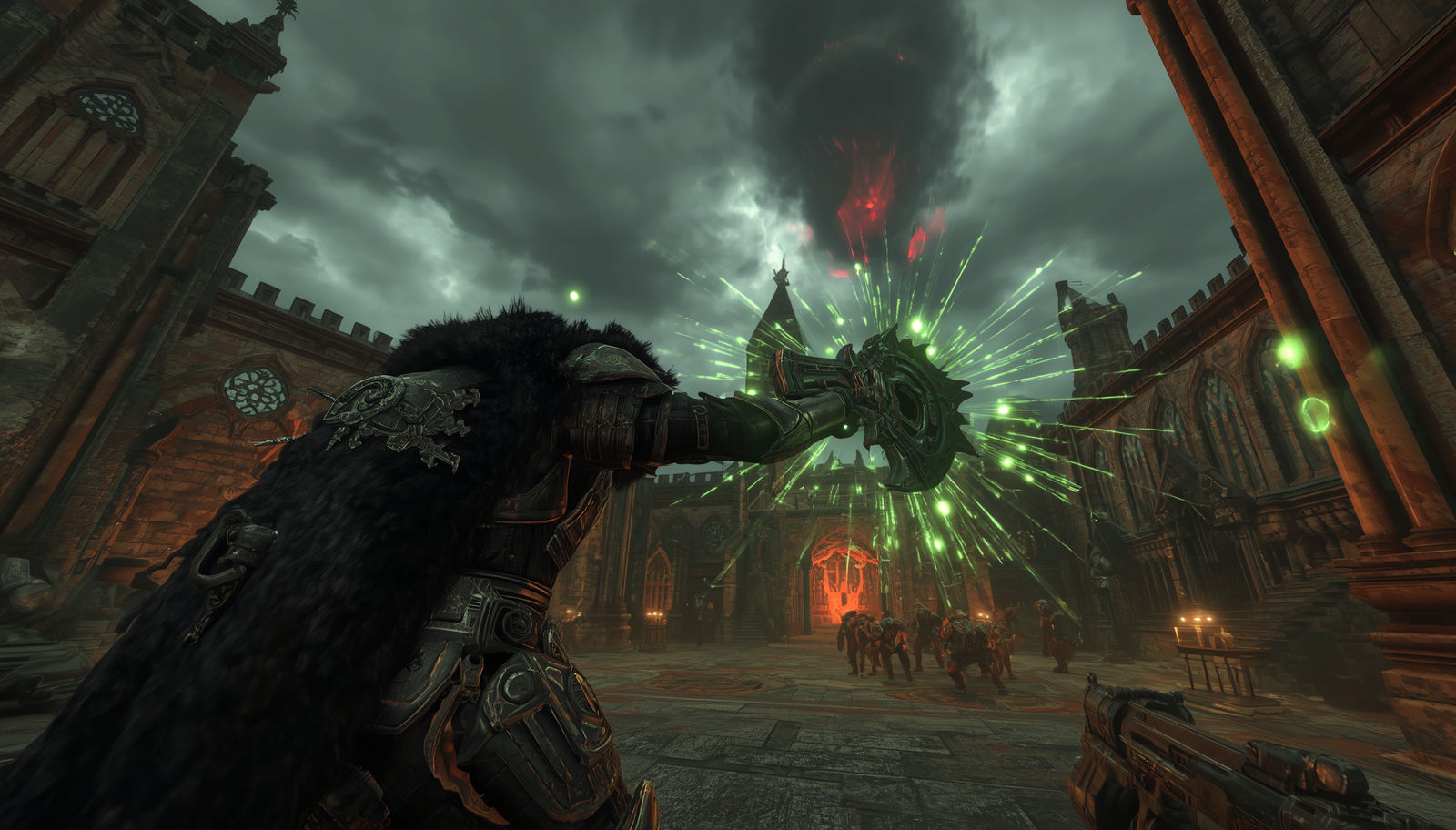 DOOM The Dark Ages gameplay screenshot showing the Doom Slayer wielding the Shield Saw with green sparks in a dark Gothic castle.
